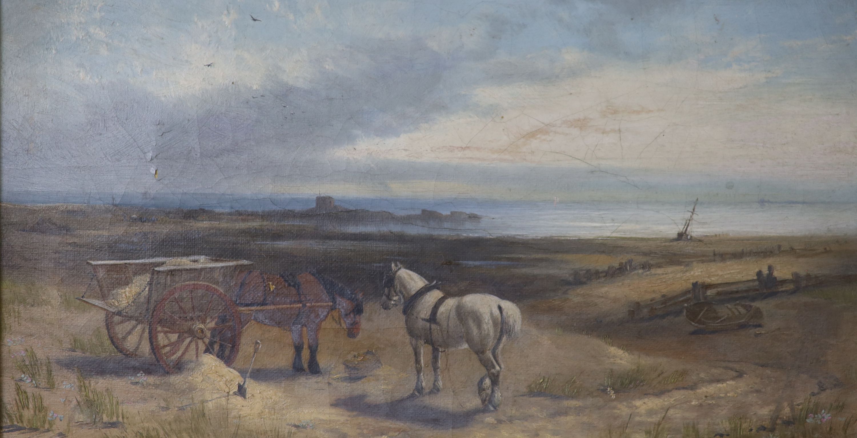 James Walsh (19th century), oil on canvas, Beach scene with cart horses, indistinctly inscribed verso, 17 x 31cm